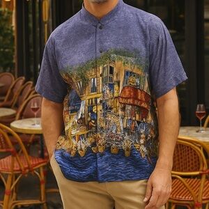 Guy Buffet Paris Market Button Front Camp Shirt Men Medium Casual Whimsical